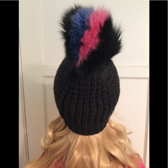 Black Beanie With genuine Mixed Colorful Pompom main image 8